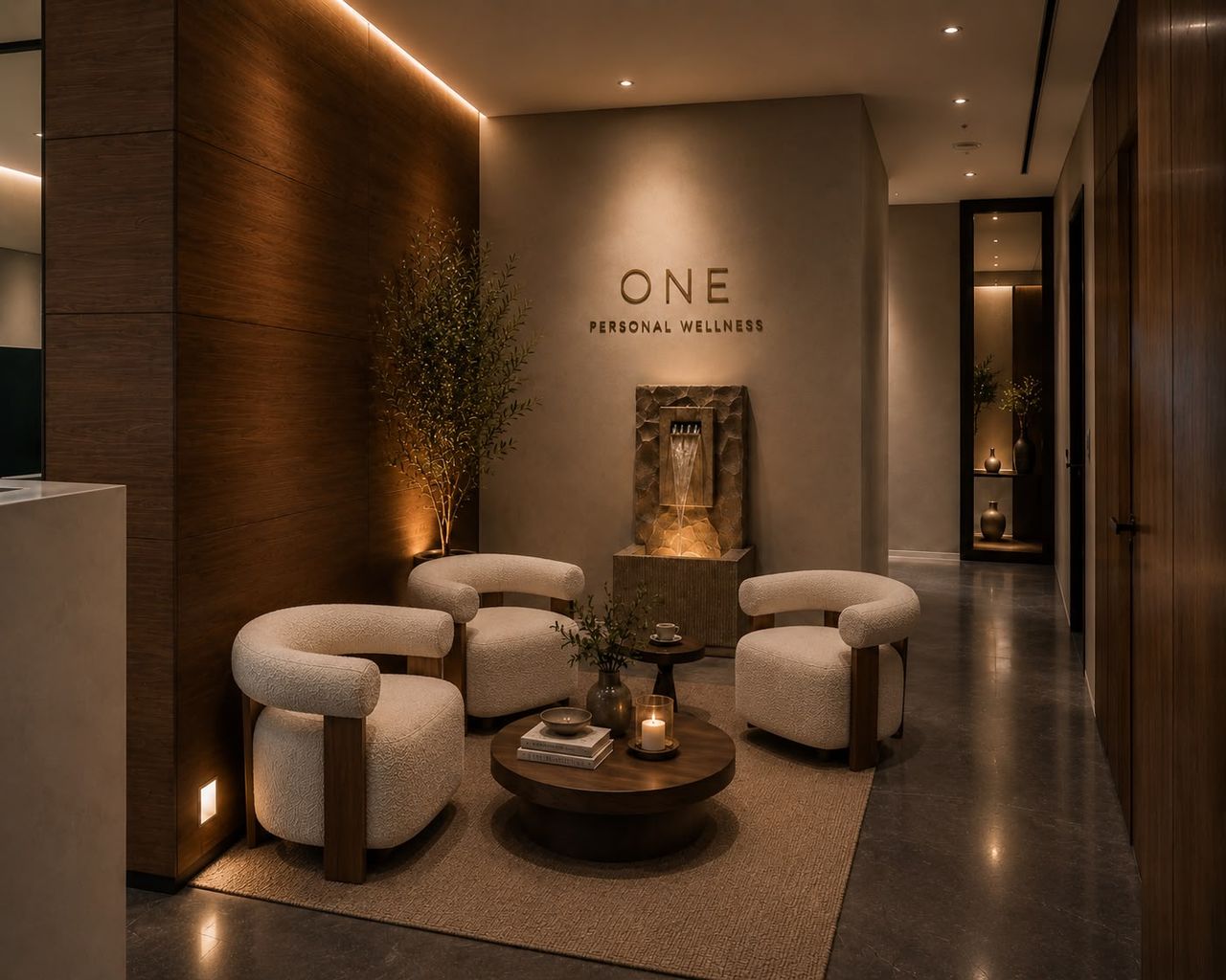 The ONE Personal Wellness reception lounge, warm lit with bouclé armchairs and a gilded wall monogram